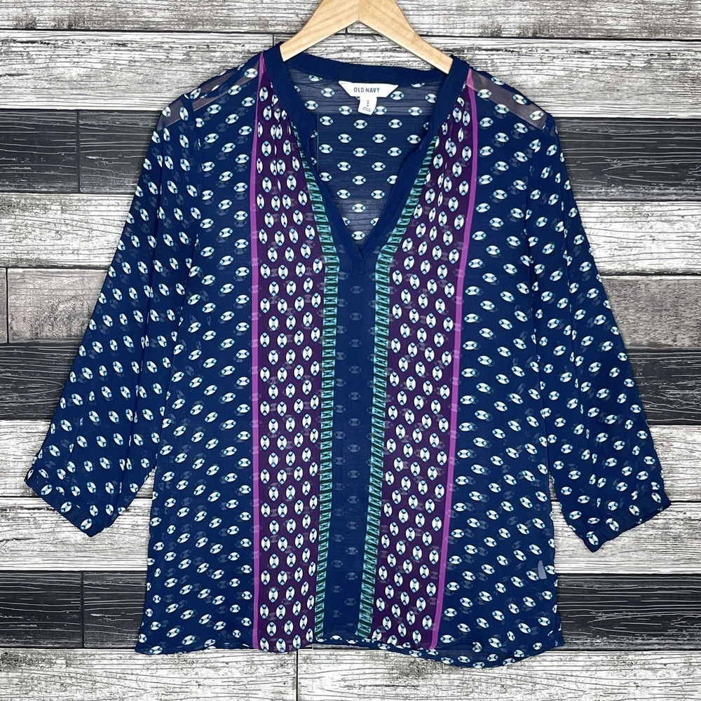 Old Navy V Neck Blouse Womens Size Medium Purple Blue Shirt 3/4 Sleeve Sheer Top